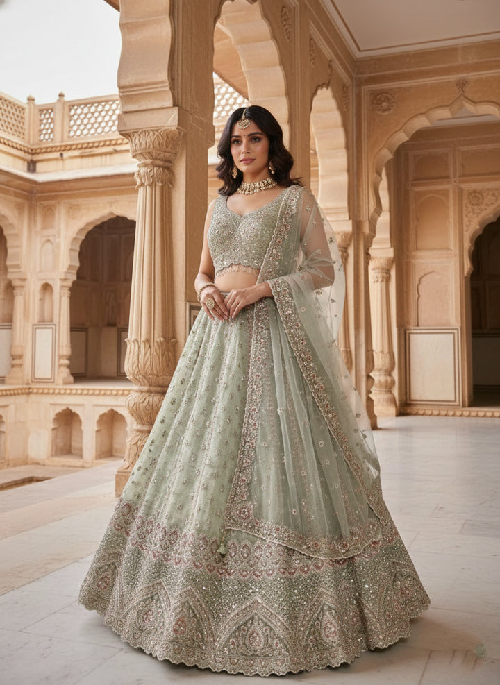 Pista Green Tissue Heavy Hand Embroidered Ghagra Set