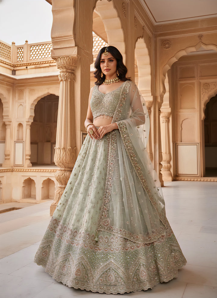Pista Green Tissue Heavy Hand Embroidered Ghagra Set