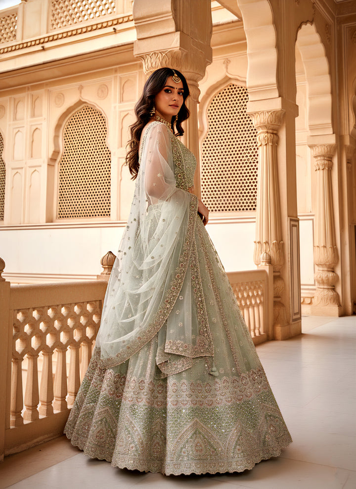 Pista Green Tissue Heavy Hand Embroidered Ghagra Set