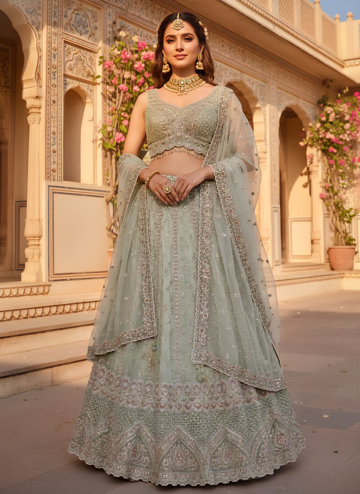 Pista Green Tissue Heavy Hand Embroidered Ghagra Set