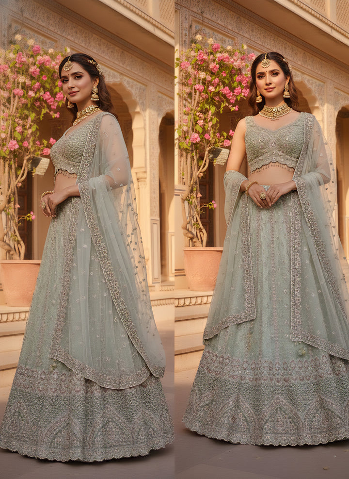 Pista Green Tissue Heavy Hand Embroidered Ghagra Set