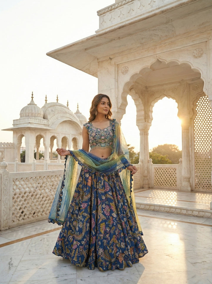 Blue Georgette Floral Digital Print Ghagra Set