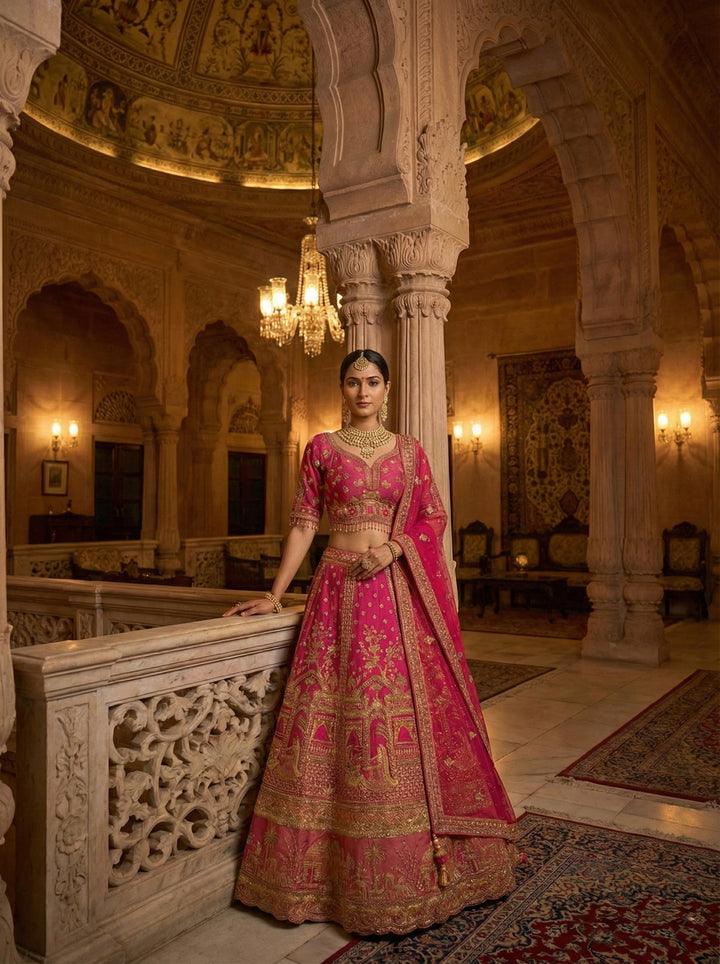 Rani Pink Tissue Ethnic Motif Hand Embroidered Ghagra Set