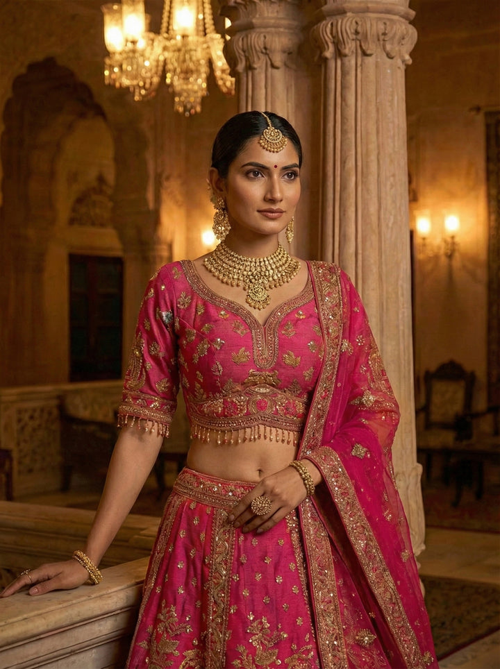 Rani Pink Tissue Ethnic Motif Hand Embroidered Ghagra Set