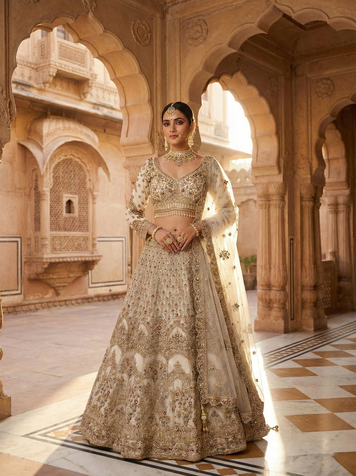 Neerus White net hand embroidered lehenga set - front view