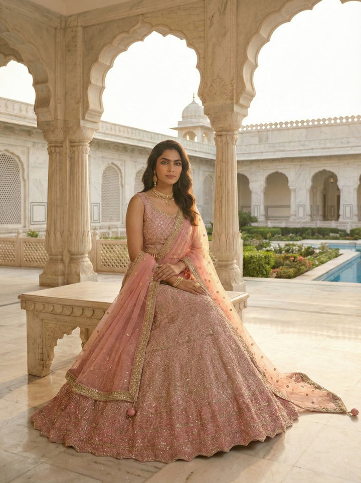 Onion Georgette Heavy Hand Embroidered Ghagra Set