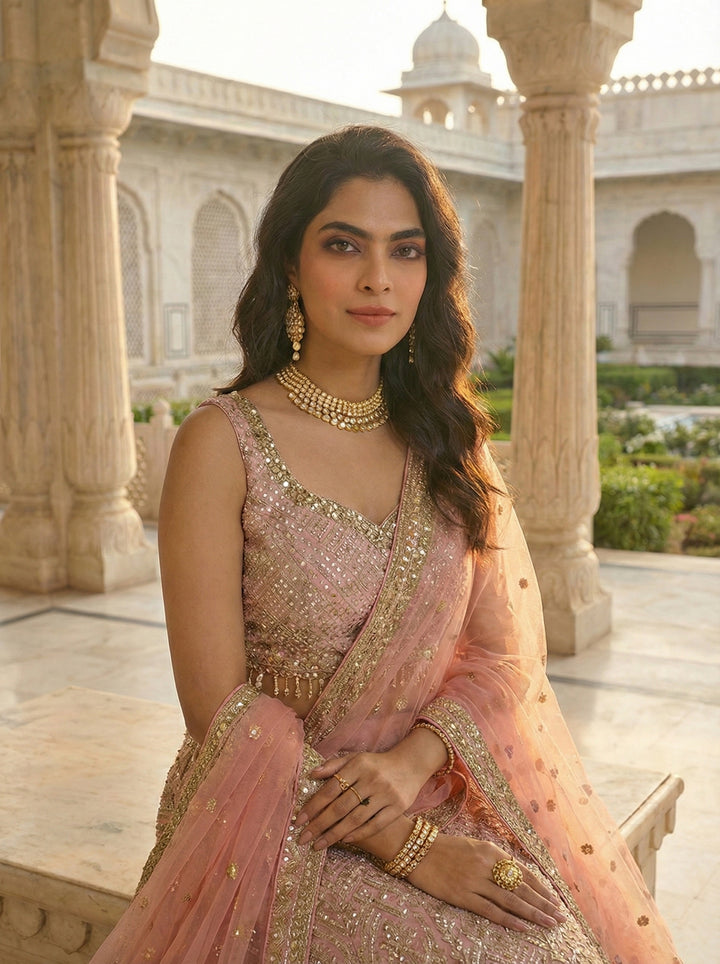 Onion Georgette Heavy Hand Embroidered Ghagra Set