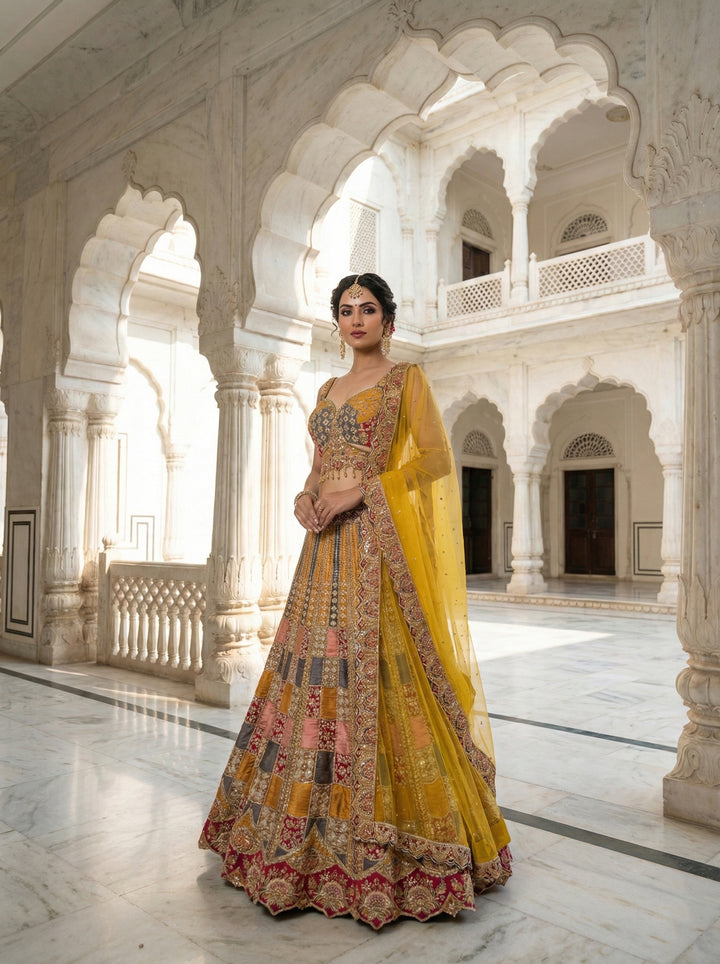 Mustard Silk Heavy Hand Embroidered Ghagra Set
