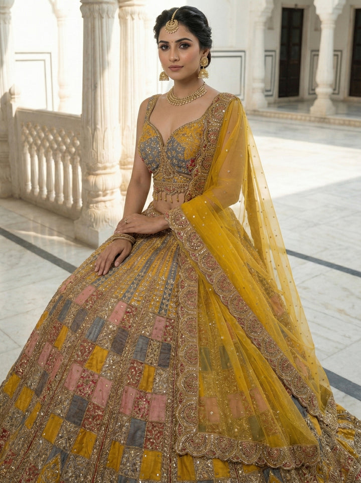 Mustard Silk Heavy Hand Embroidered Ghagra Set