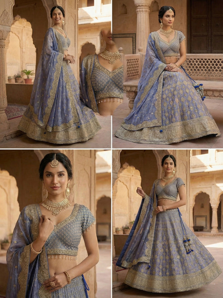 Blue Tissue Hand Embroidery Ghagra Set