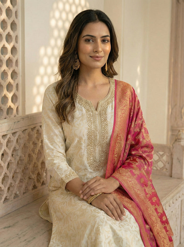 Beige Banarasi Zari Embroiderd Three Piece Set