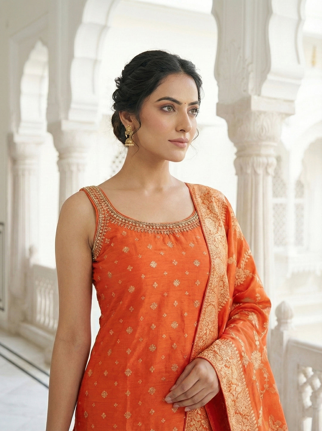 Neerus Orange silk digital printed suit set - back view