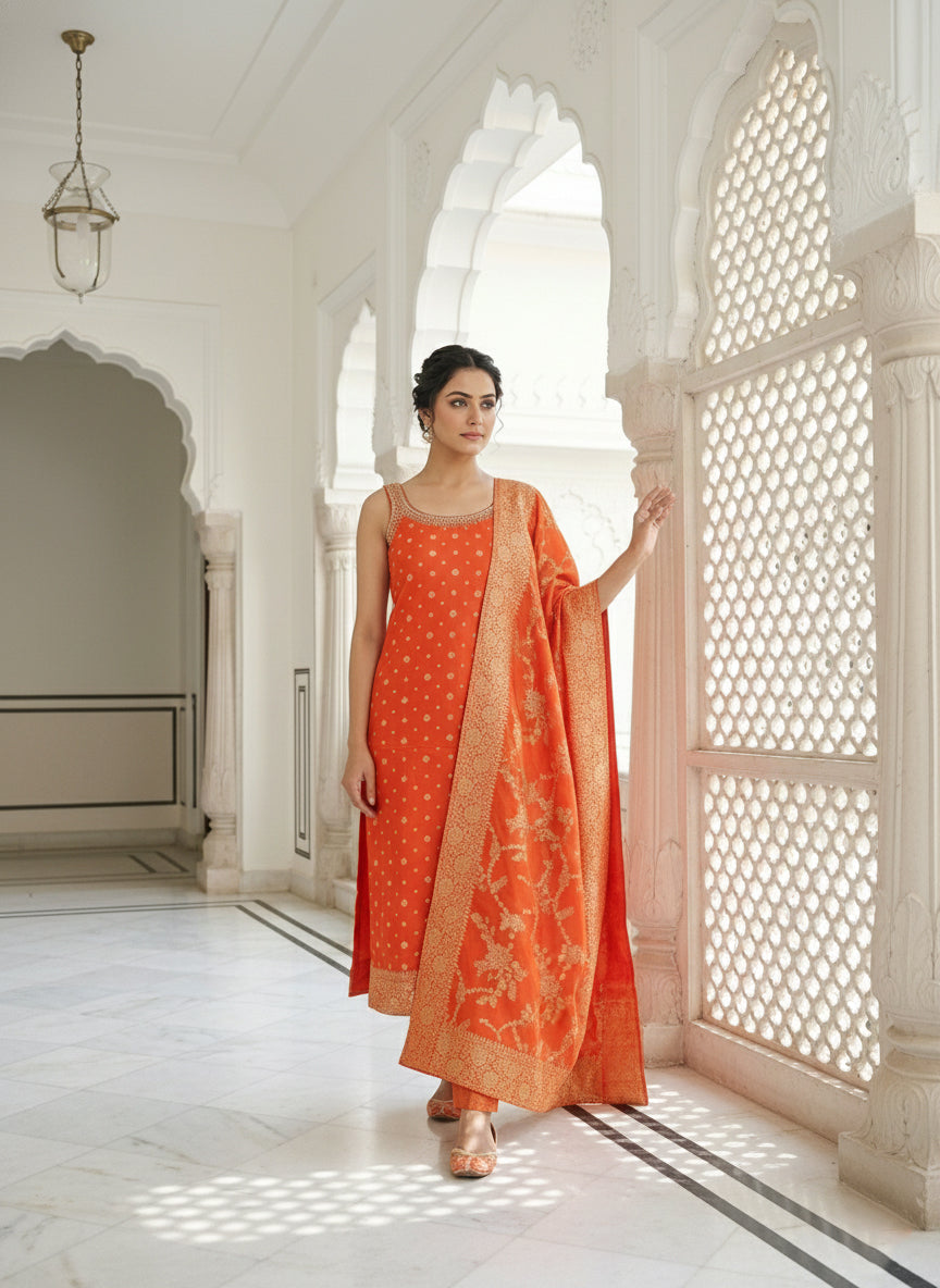 Neerus Orange silk digital printed suit set - side view