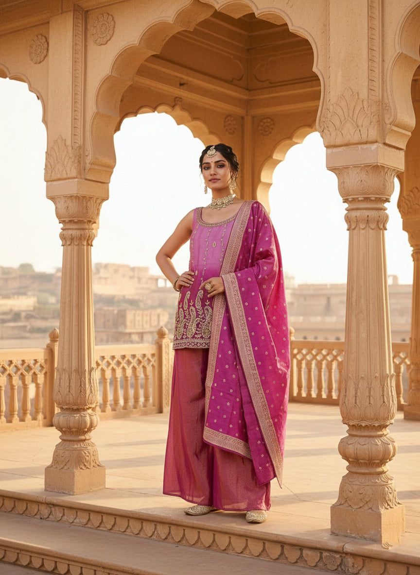 Neerus Pink tissue embroidered suit set with palazzo - side view