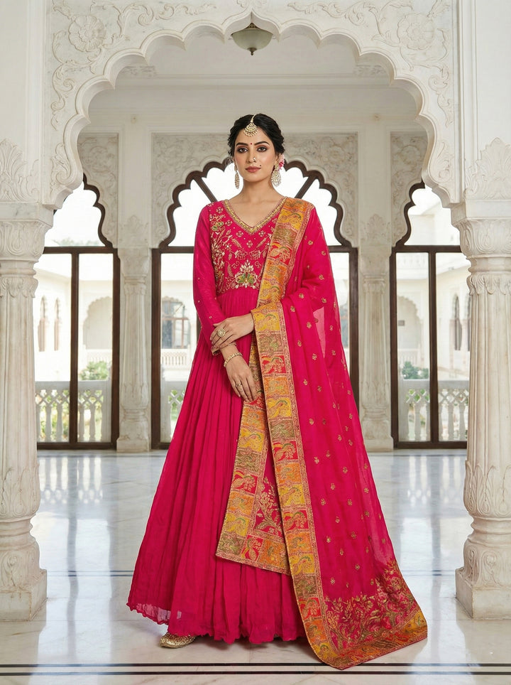 Rani Pink Chinnon Sequins And Zari Embroidered Anarkali Set
