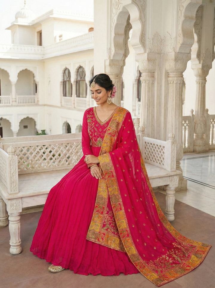 Rani Pink Chinnon Sequins And Zari Embroidered Anarkali Set