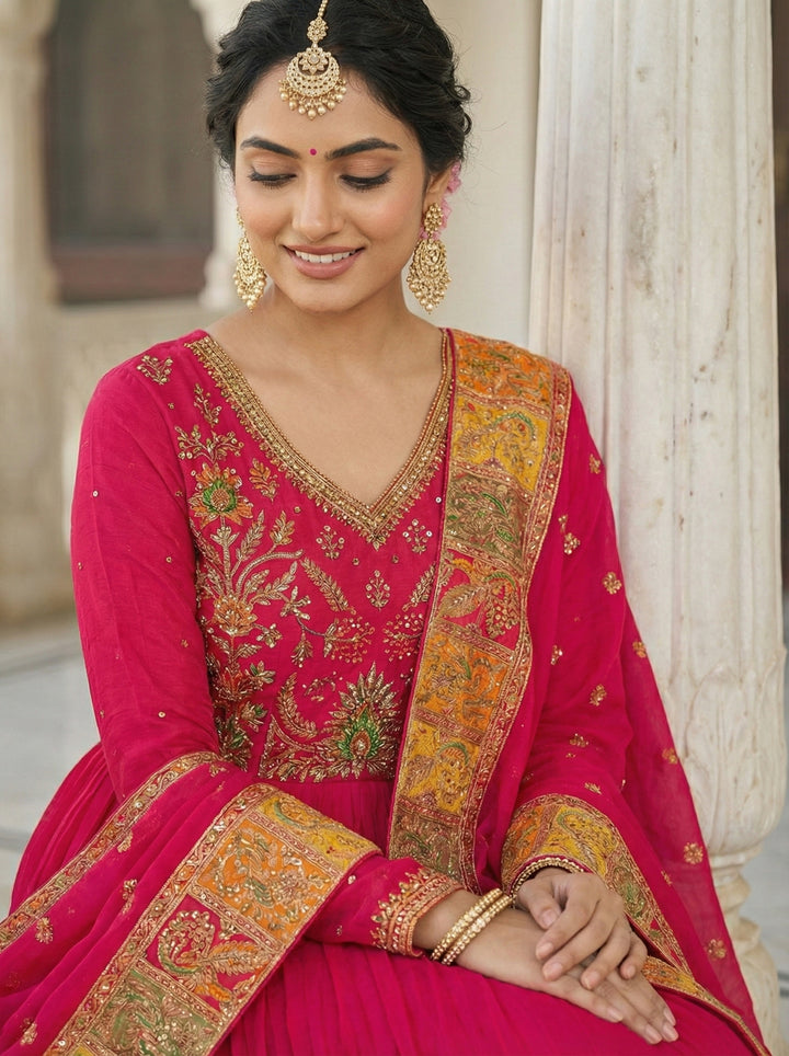 Rani Pink Chinnon Sequins And Zari Embroidered Anarkali Set