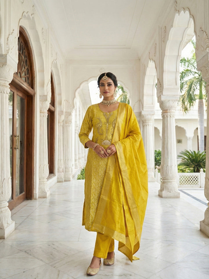 Yellow Chinnon Zari Embroidery Three Piece Set