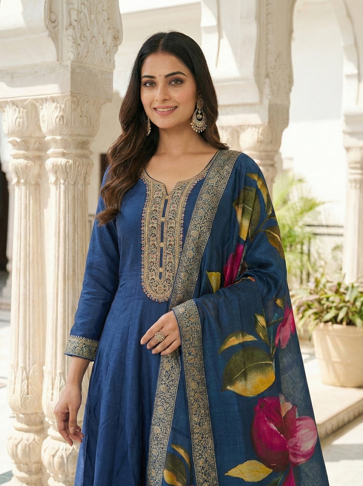 Peacock Silk Floral Digital Print Suit Set