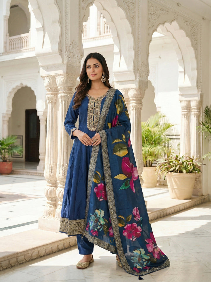 Peacock Silk Floral Digital Print Suit Set