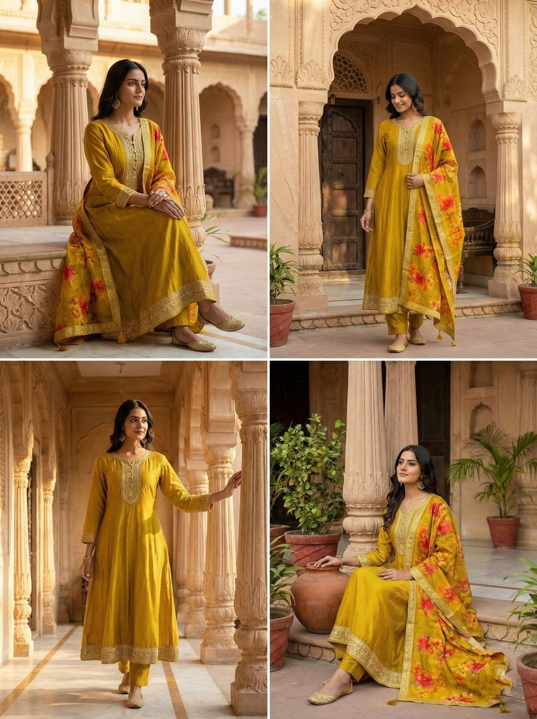 Mustard Silk Hand Embroidered With Floral Digital Print Three Piece Set