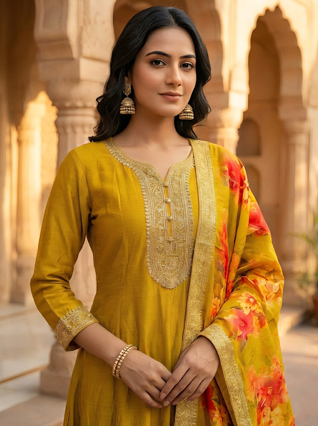 Mustard Silk Hand Embroidered With Floral Digital Print Three Piece Set