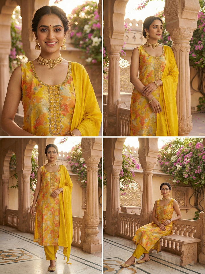 Mustard Tissue Floral Digital Print Suit Set