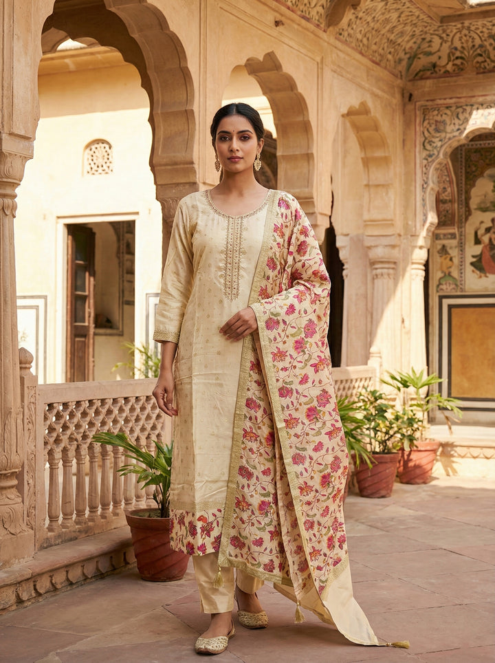 Beige Silk Floral Digital Printed Suit Set