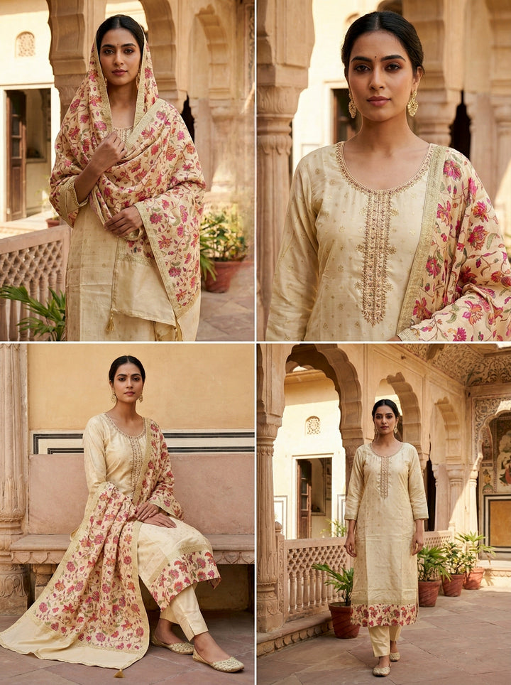 Beige Silk Floral Digital Printed Suit Set