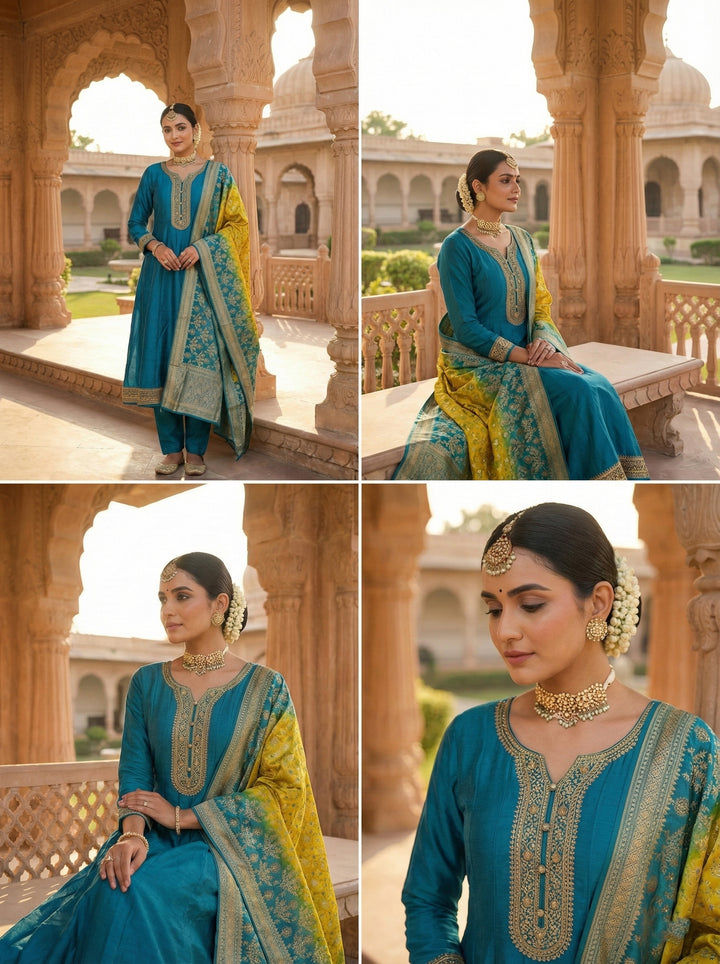 Rama Silk Zari Hand Embroidery Suit Set