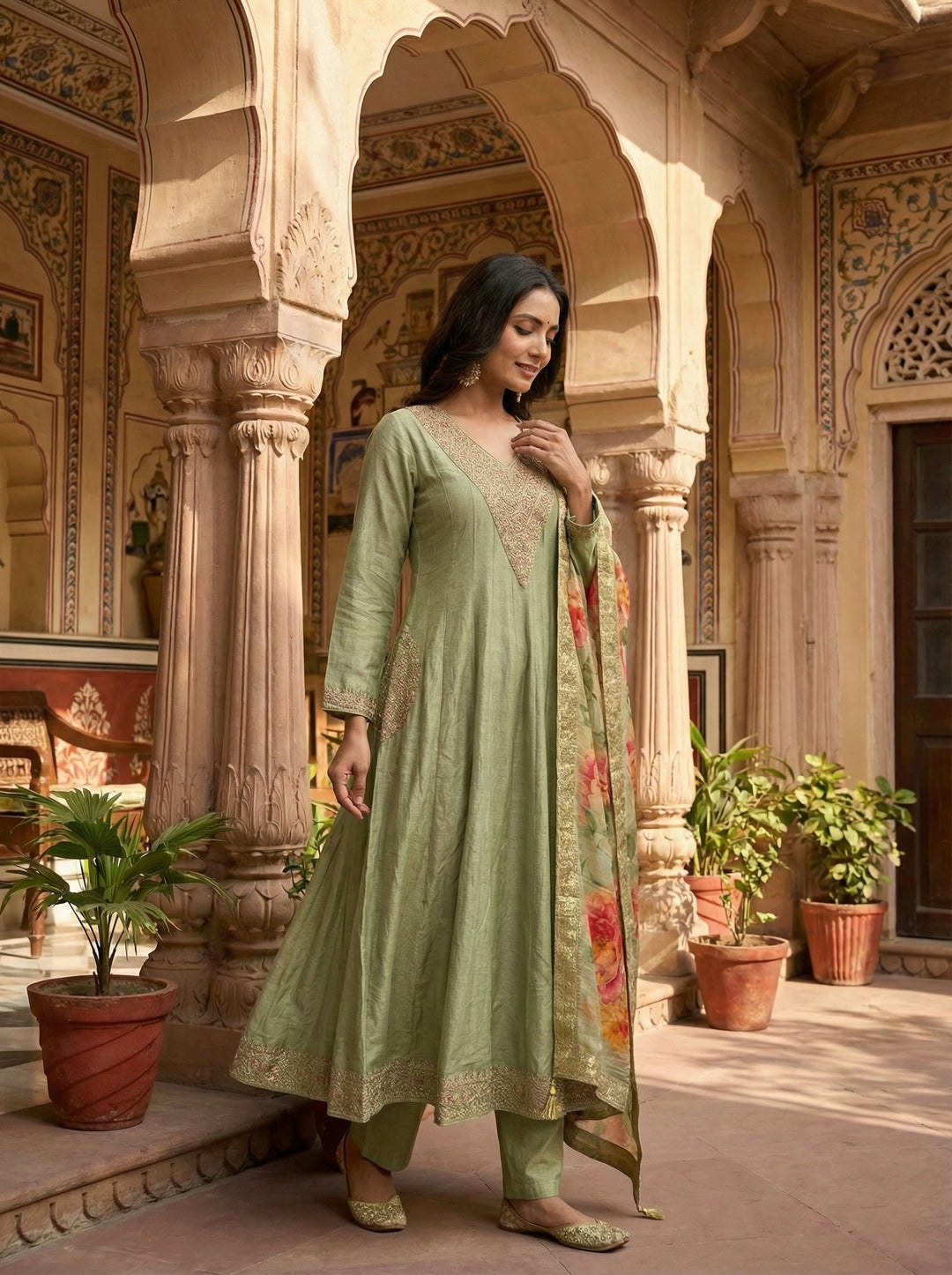 Pista Green Silk Zari Hand Embroidery Three Piece Set