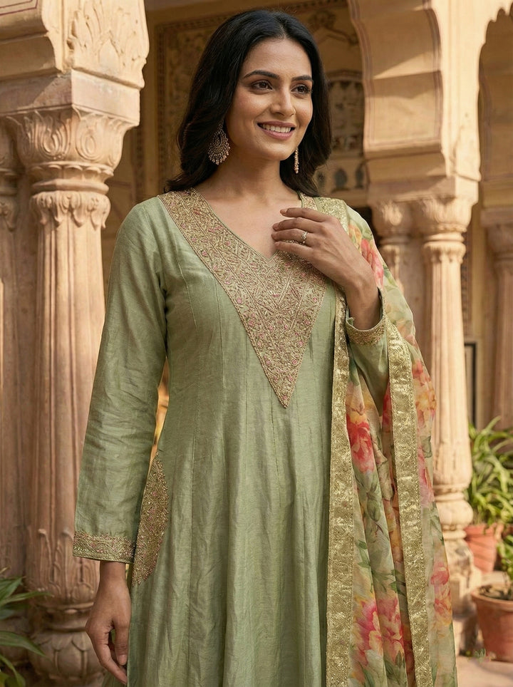Pista Green Silk Zari Hand Embroidery Three Piece Set