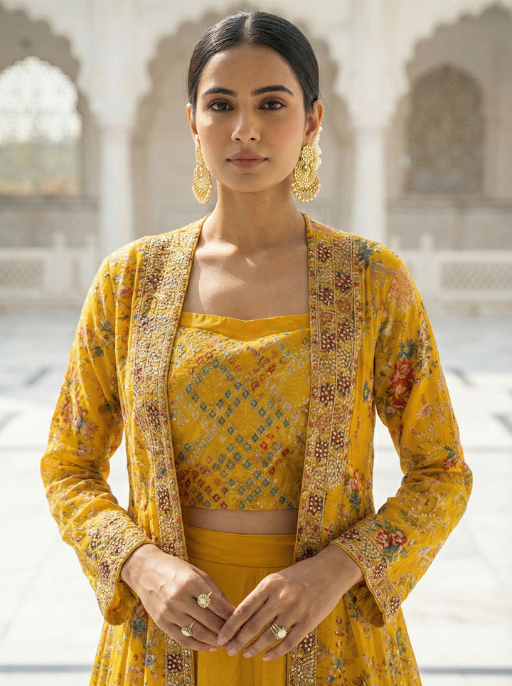 Mustard Chinon Floral Sequins Blouse And Trousers With Jacket