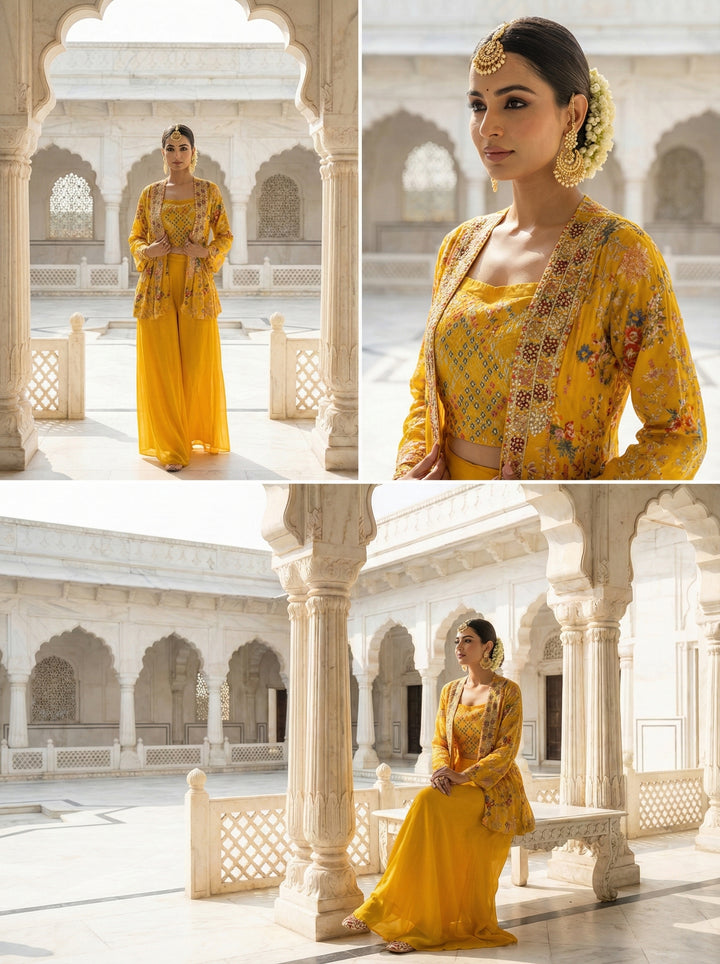 Mustard Chinon Floral Sequins Blouse And Trousers With Jacket