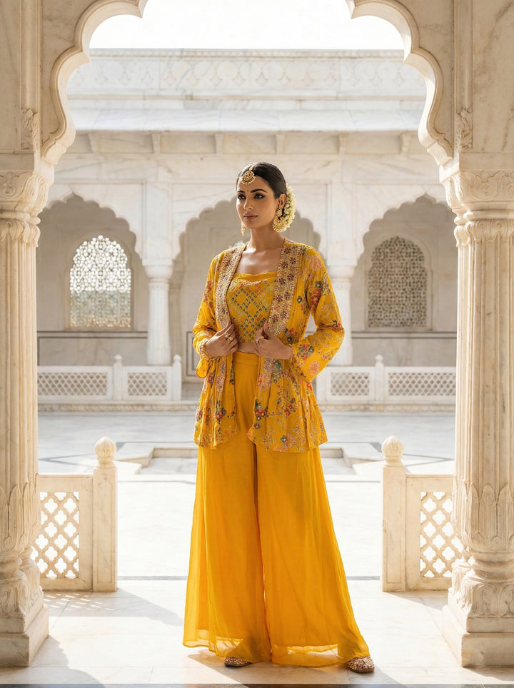 Mustard Chinon Floral Sequins Blouse And Trousers With Jacket