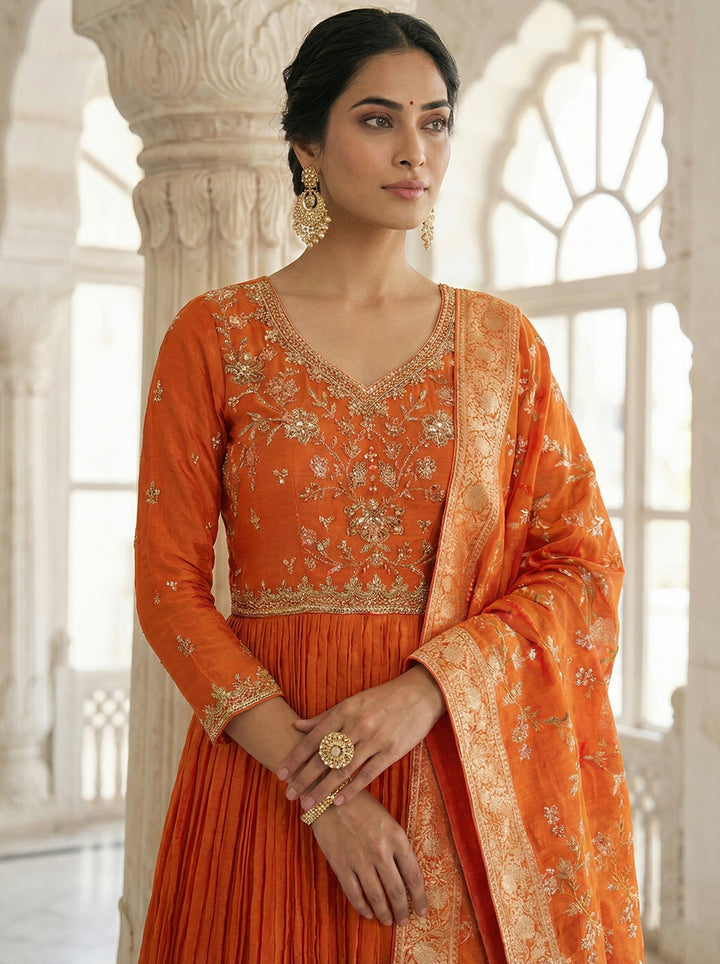 Neerus Orange Chinon Embroidered Anarkali Suit Set - side view
