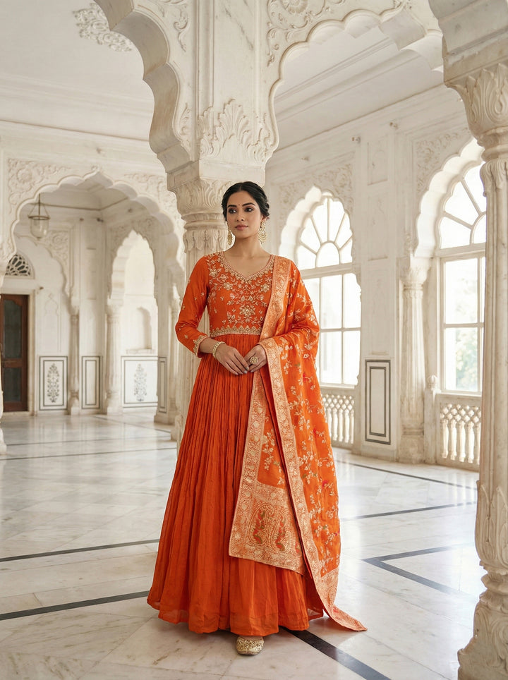 Neerus Orange Chinon Embroidered Anarkali Suit Set - front view