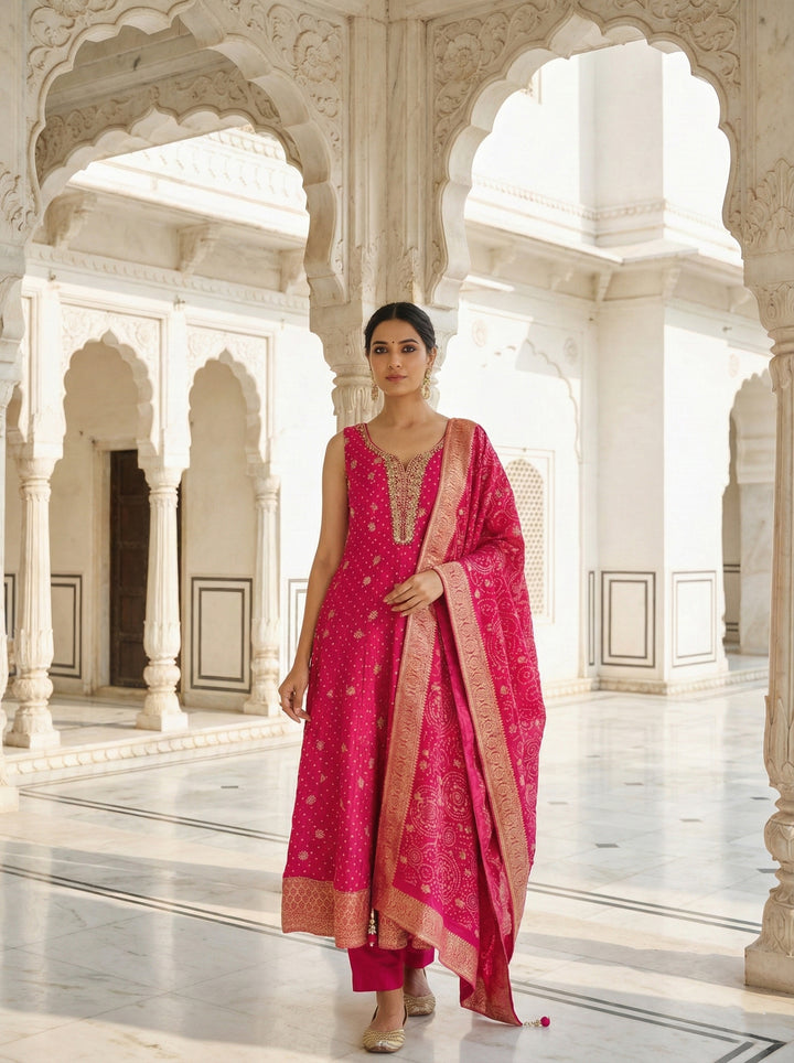 Rani Pink Silk Floral And Zari Embroidery Three Piece Set