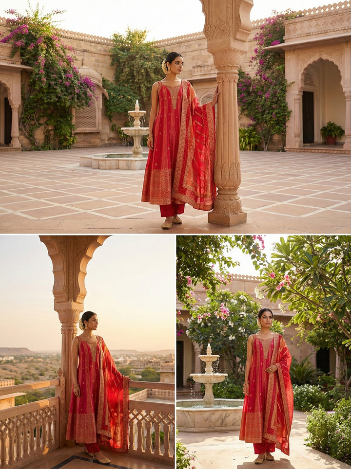 Gajari Silk Sequins And Zari Embroidered Suit Set