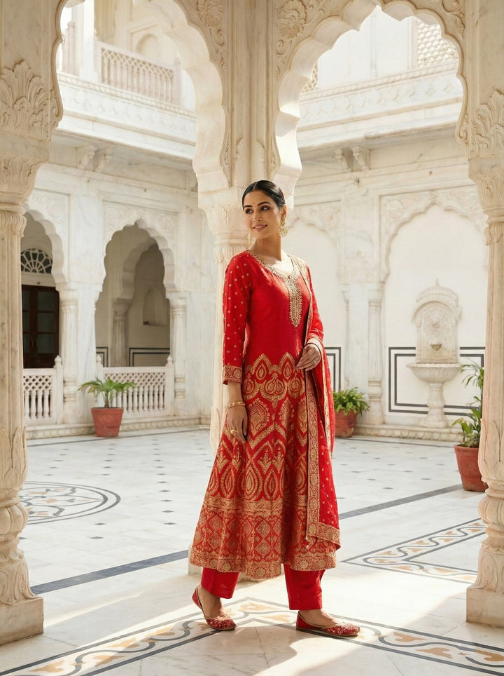 Red Banarasi Digital Printed Three Piece Set