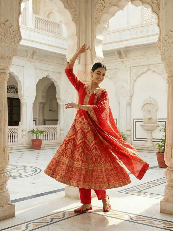 Red Banarasi Digital Printed Three Piece Set