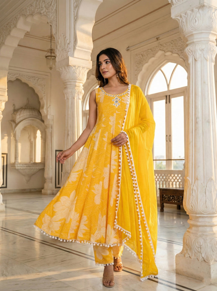 Yellow Georgette Floral Printed Three Piece Set