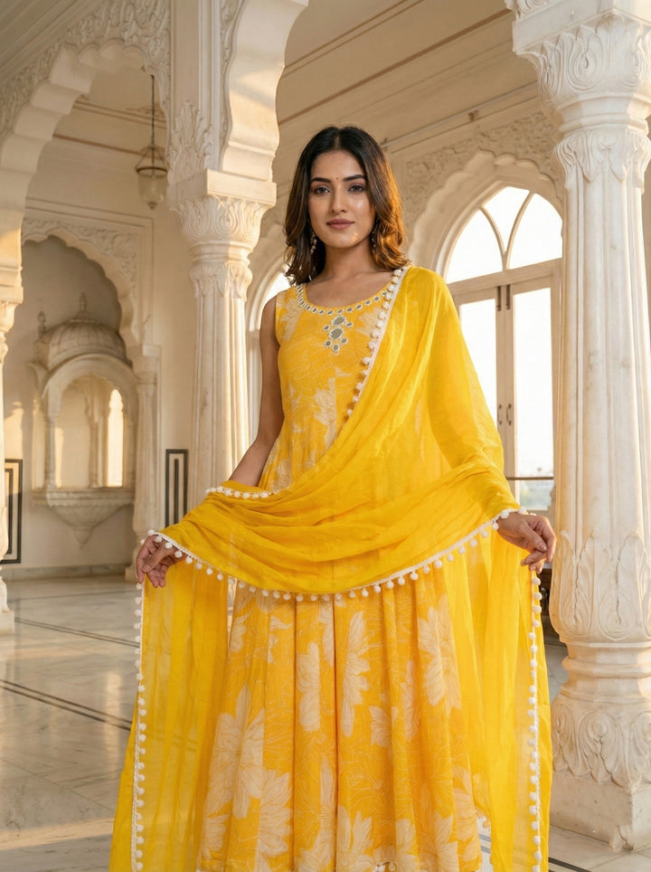 Yellow Georgette Floral Printed Three Piece Set