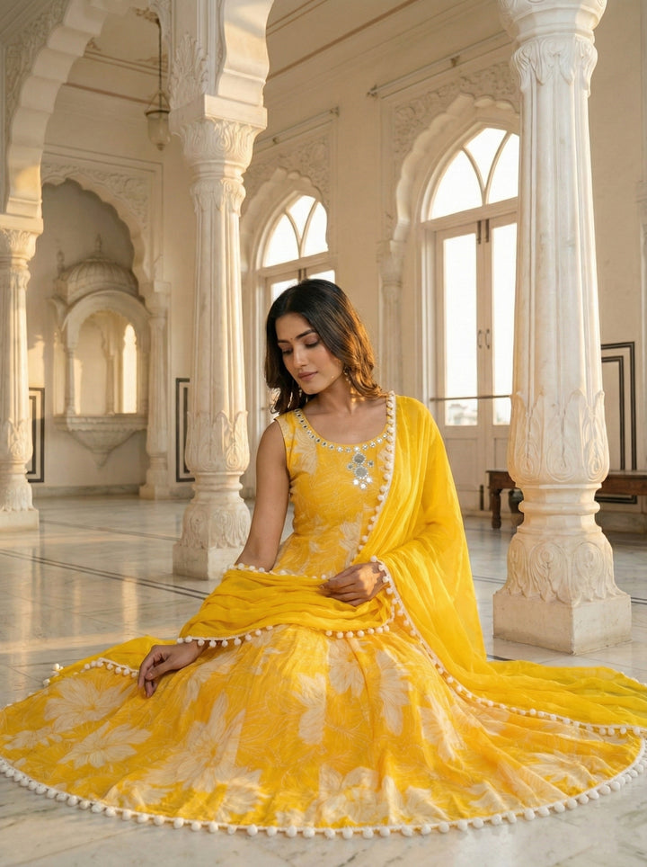 Yellow Georgette Floral Printed Three Piece Set
