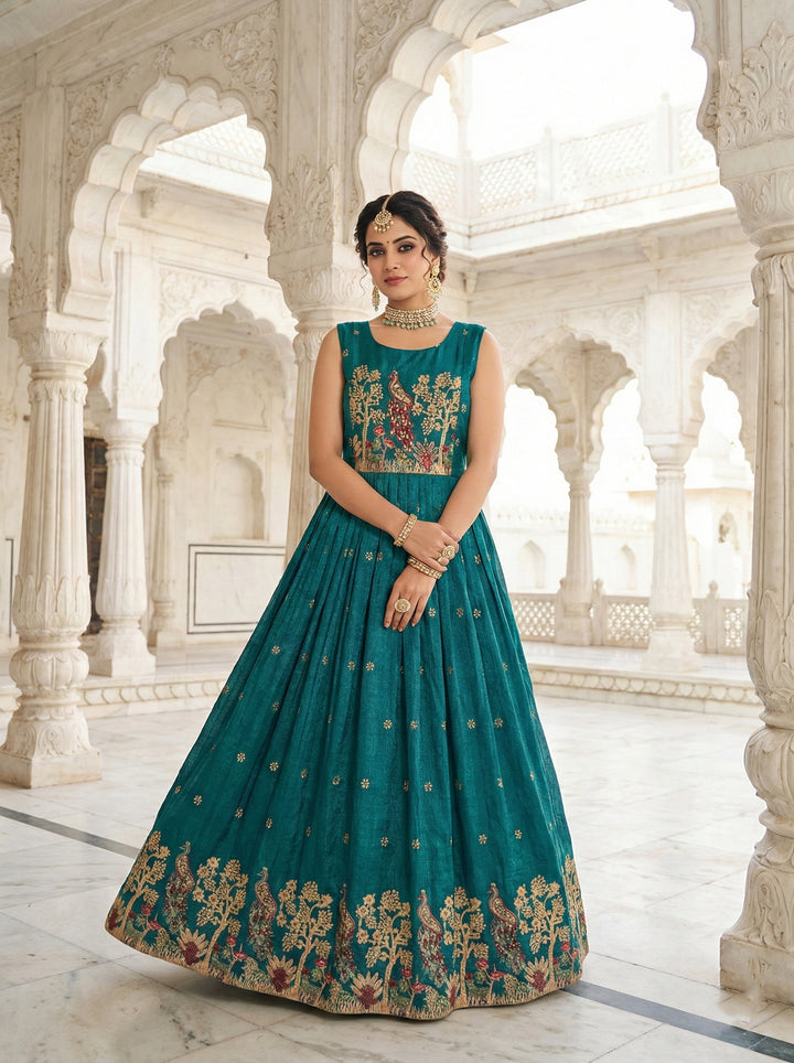 Rama Chinon Peacock Motif Block Print Long Dress