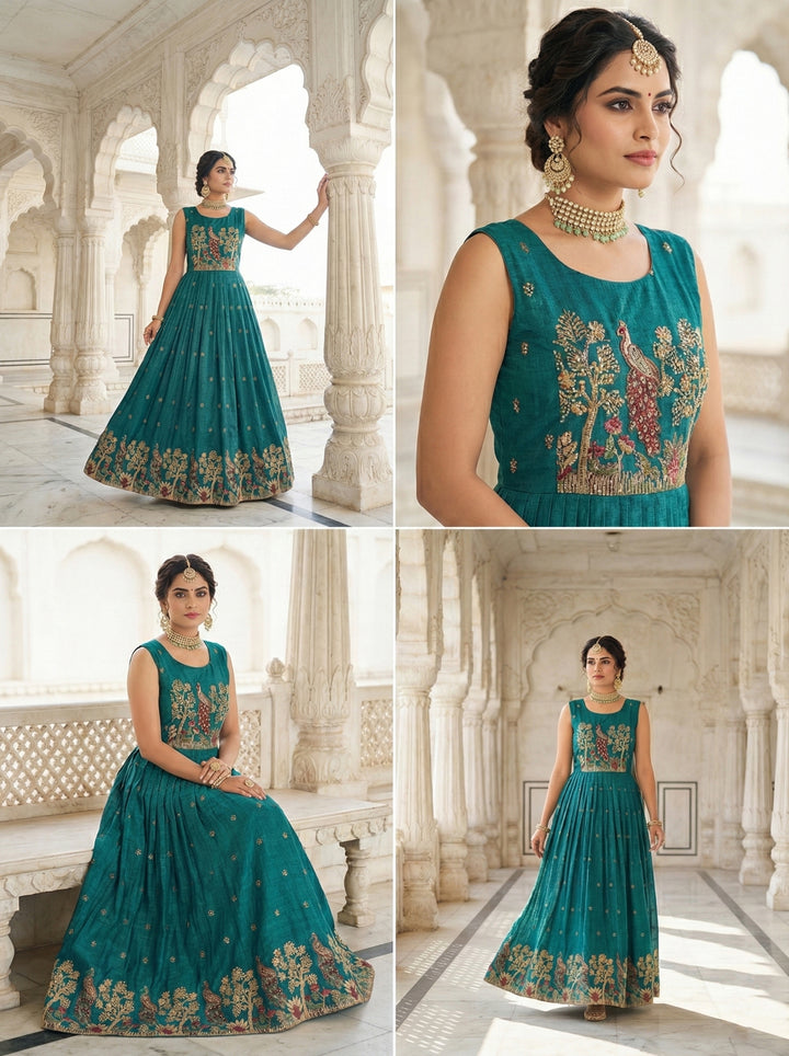 Rama Chinon Peacock Motif Block Print Long Dress