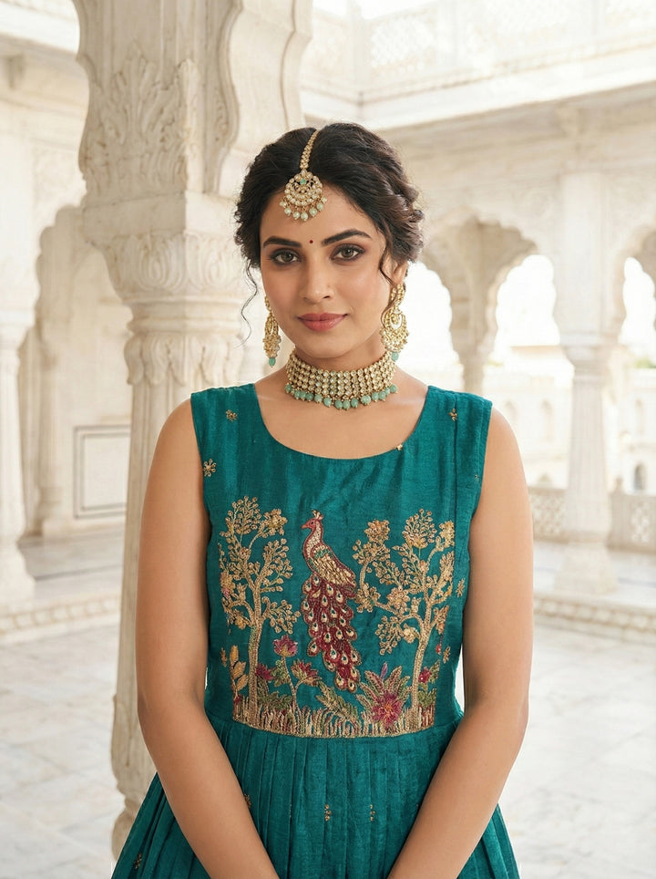 Rama Chinon Peacock Motif Block Print Long Dress