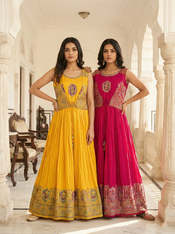 Mustard Georgette Digital Print Long Dress