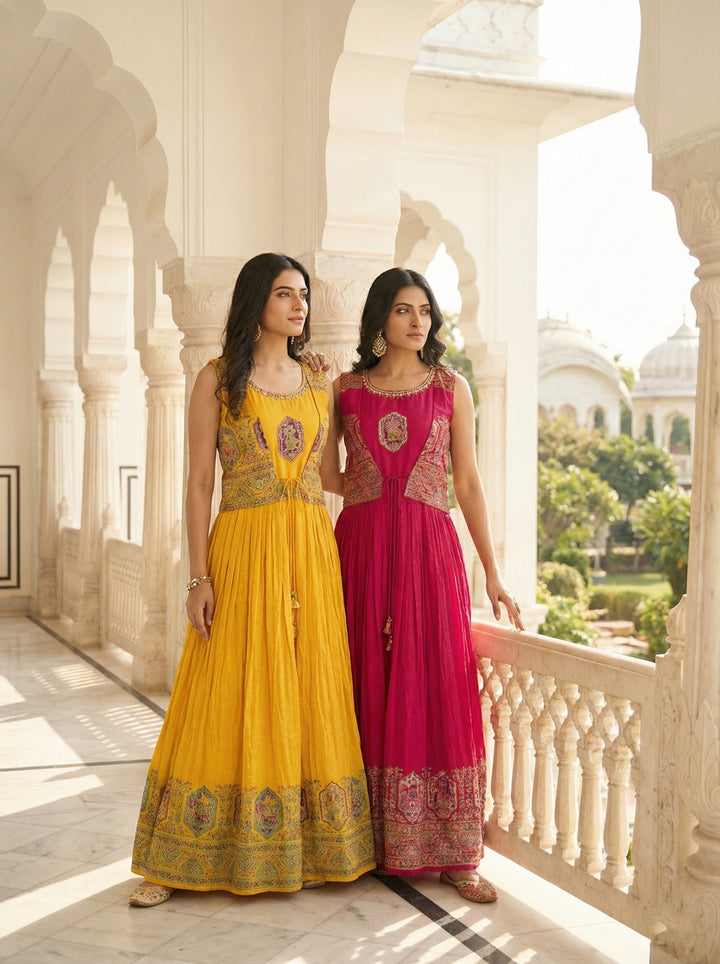 Mustard Georgette Digital Print Long Dress