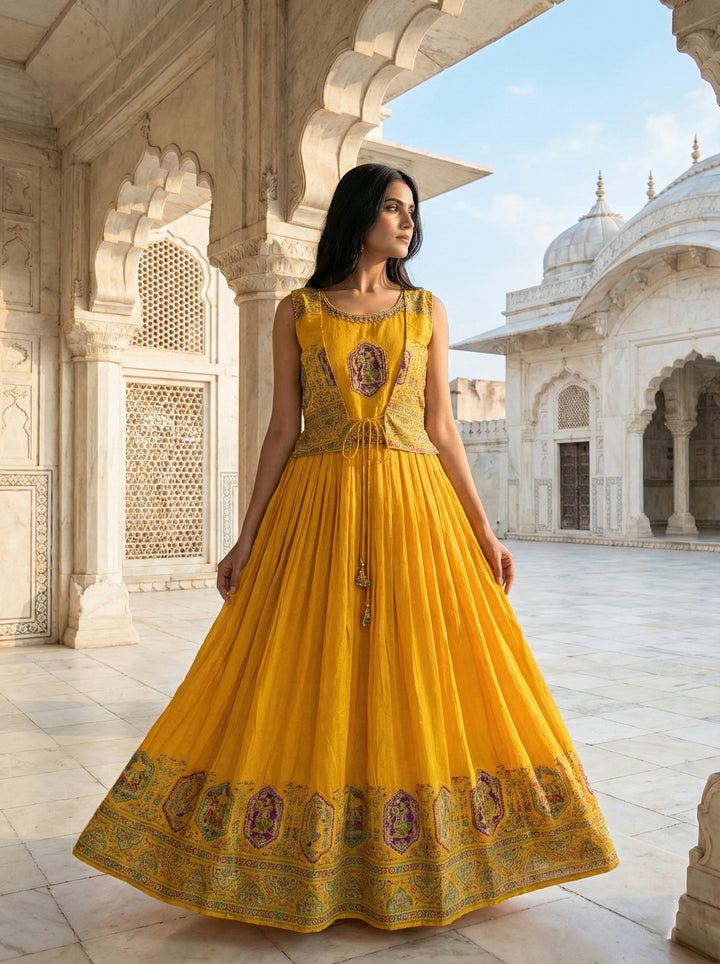 Mustard Georgette Digital Print Long Dress